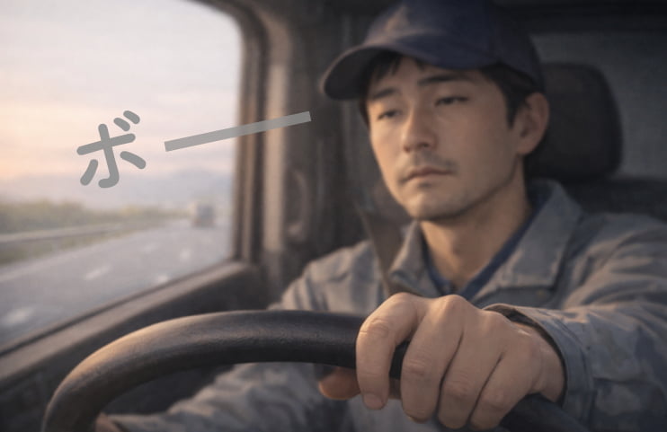 ハンドルを握りながらボーッと前を見つめるトラック運転手の様子