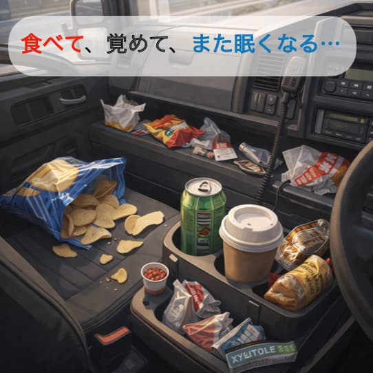 お菓子やガム、コーヒーが散らかったトラック運転席の様子