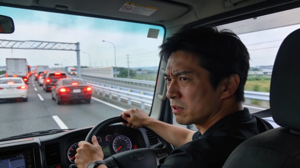 渋滞で凄くイライラしている様子のドライバーの画像