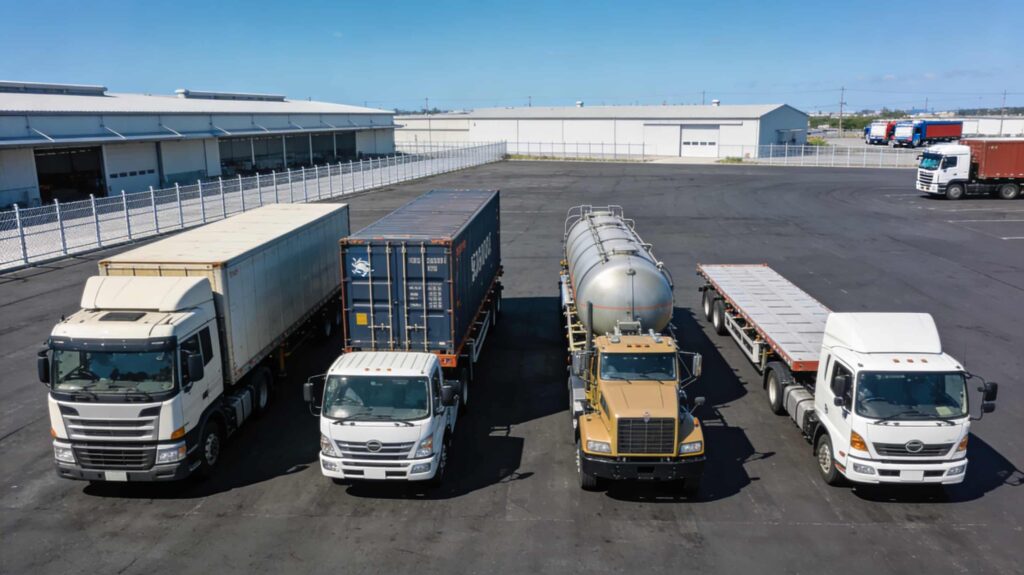 広い車庫に、いろいろな種類のトラックが停まっている画像