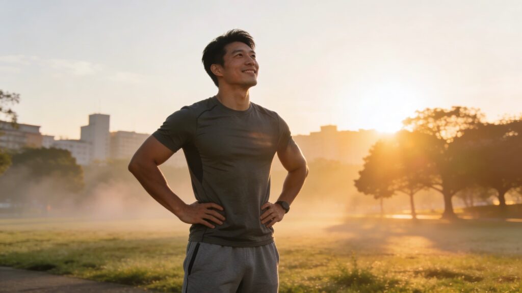 朝日を浴びながら広場で笑顔で気持ちよさそうな男性の画像