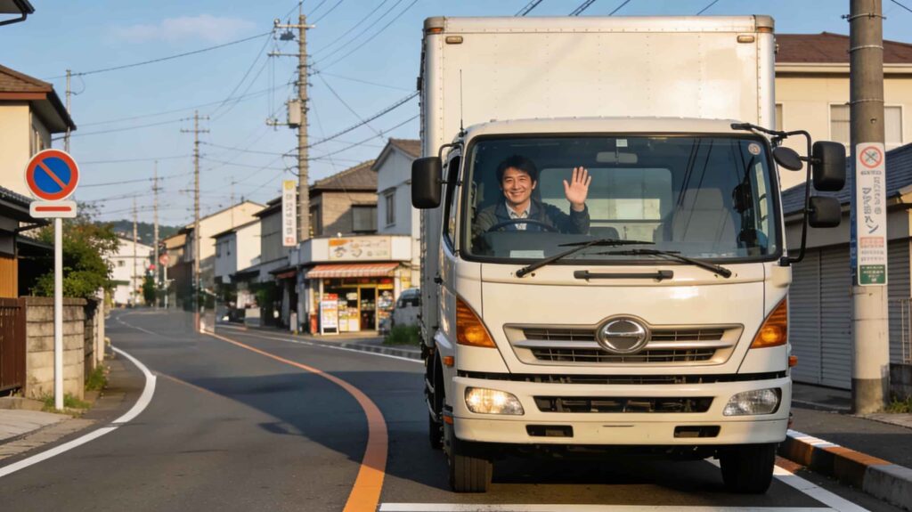 町中を走っているトラック。運転手が譲り合いのアクションをしている画像