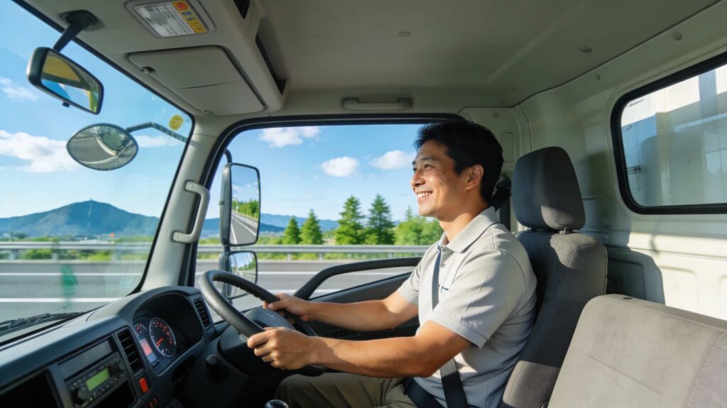 楽しそうにトラックを運転している男性ドライバーの画像