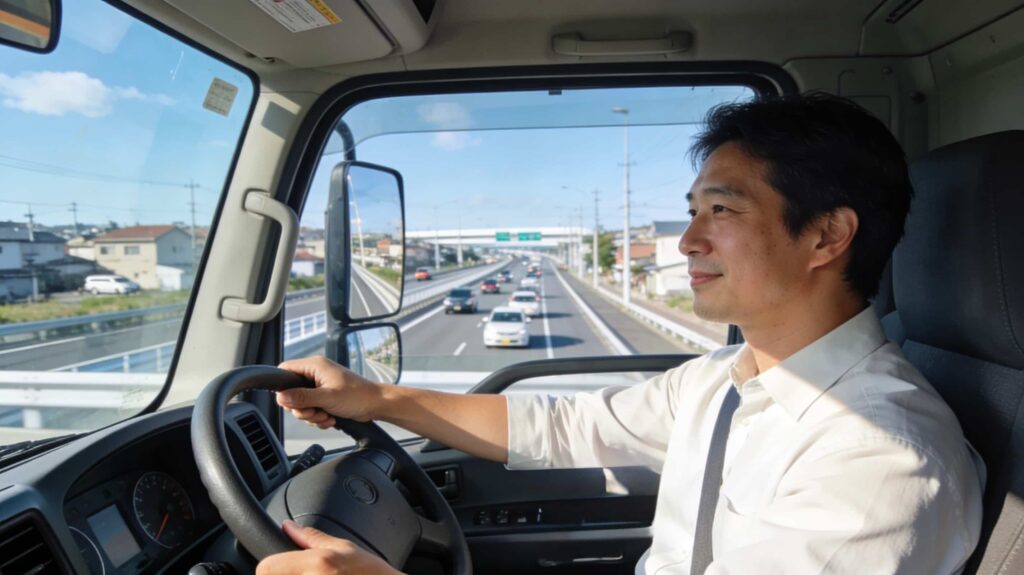 男性ドライバーが余裕の表情で、落ち着いて運転している様子の画像