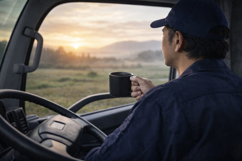 運転席でコーヒーを飲みながら朝日を眺めている様子の画像