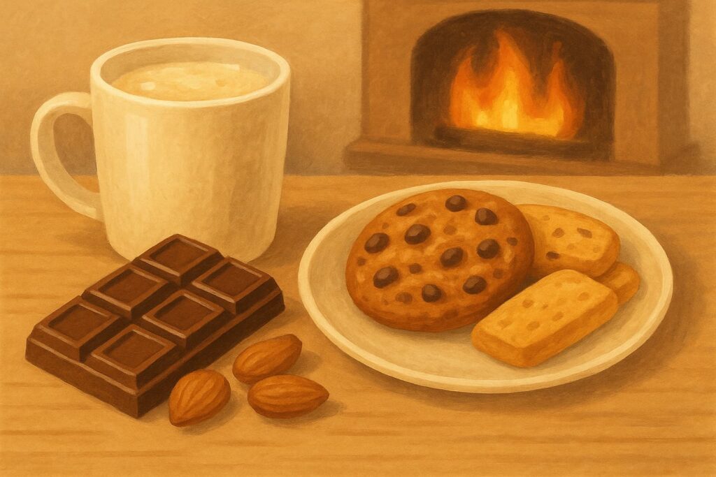 ホットコーヒー・チョコレート・ナッツ・クッキーなどがテーブルに置かれているイラスト