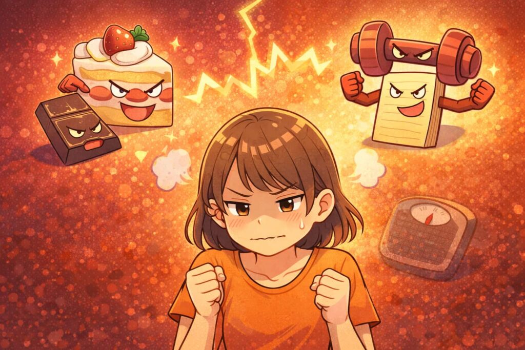 お菓子やケーキ甘いものを我慢している女性を表現したイラスト