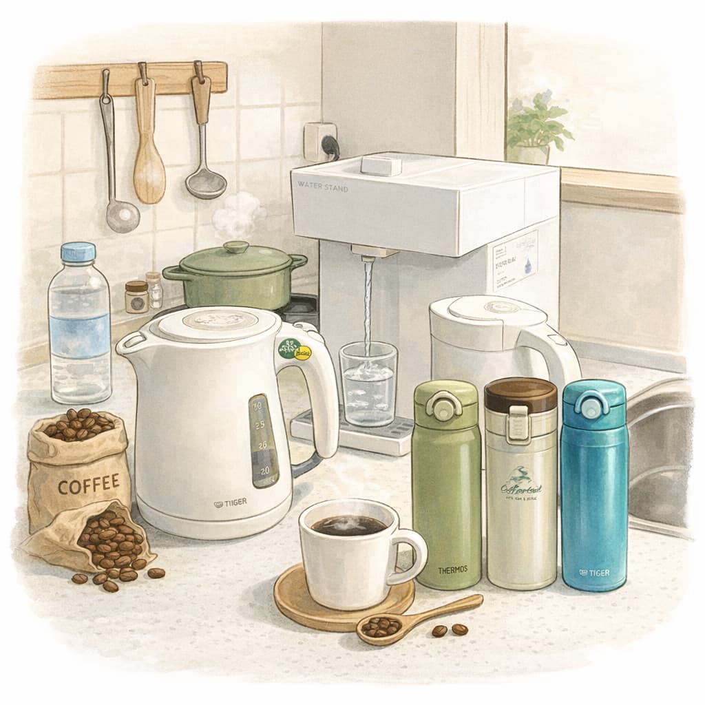 ウォータースタンドを料理・水筒・飲み水として使っている様子のイラスト