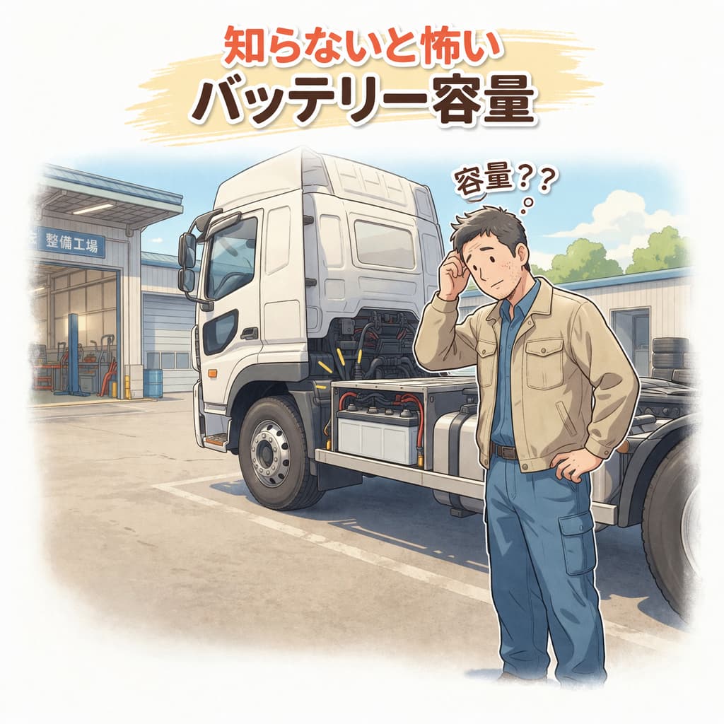 トラックのバッテリー容量が分からず悩むドライバーのイラスト