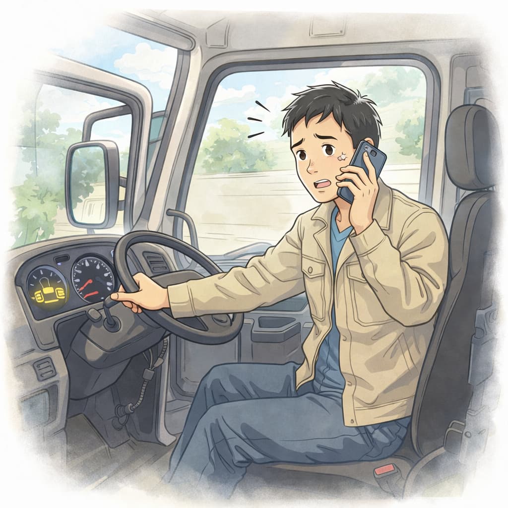 トラックのエンジンがかからず困って電話するドライバーのイラスト