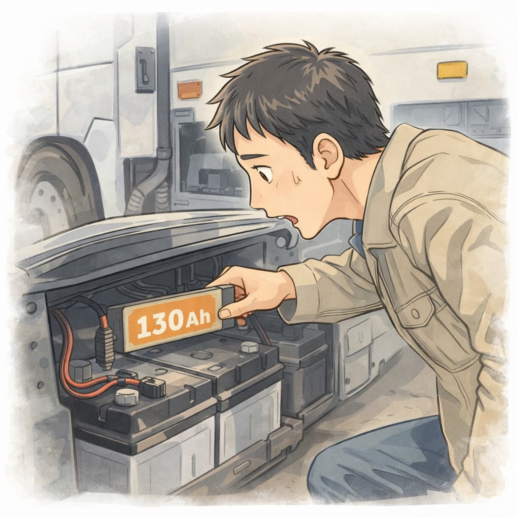 トラックのバッテリー容量130Ahを見て驚くドライバーのイラスト