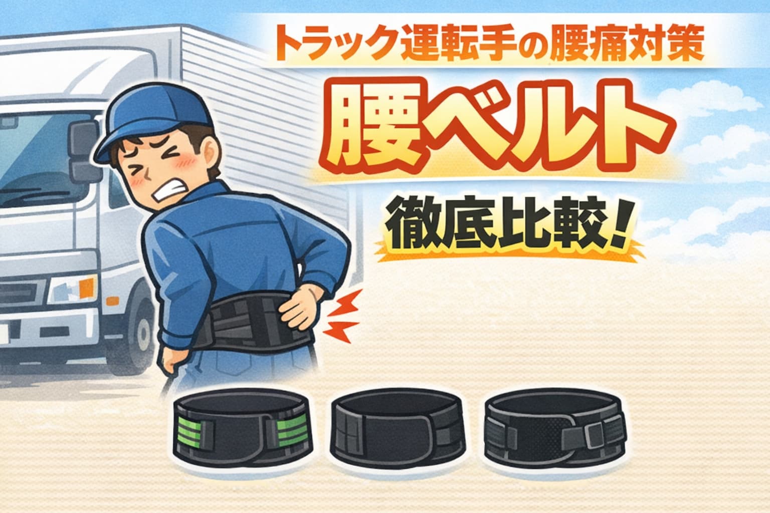 トラック運転手の腰痛対策として3種類の腰痛ベルトを比較しているイラスト