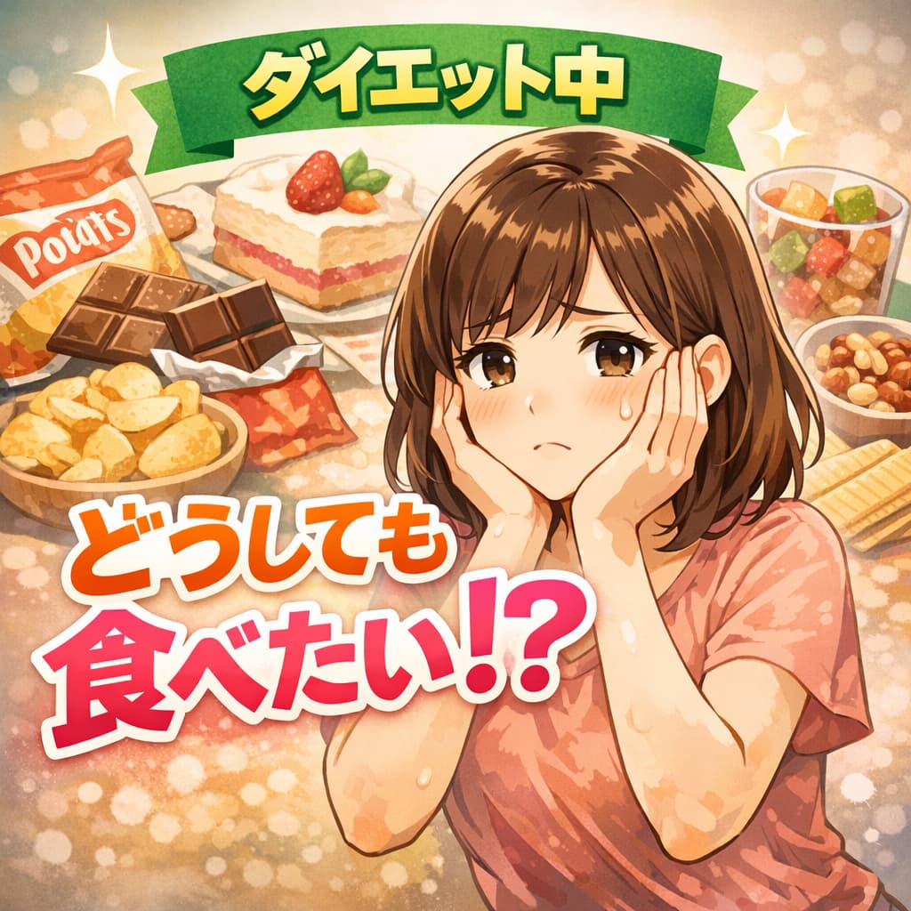 ダイエット中に食べたくなる女性の悩みのアイキャッチのイラスト