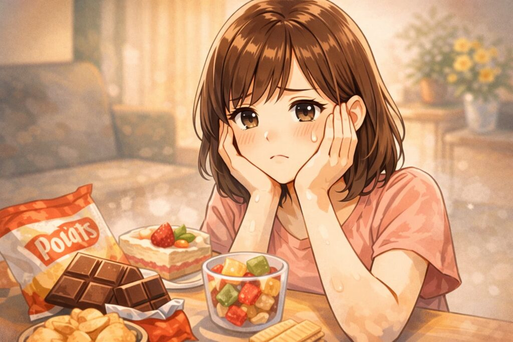 家でお菓子を見て食べたいと悩む女性のイラスト