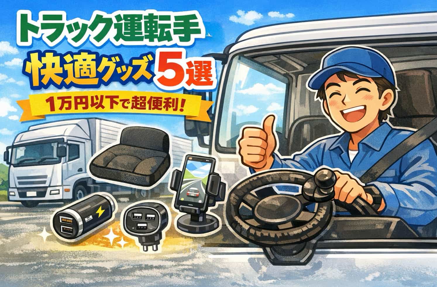 トラック運転手が手放せない快適グッズ5選を紹介するイラスト（1万円以下）