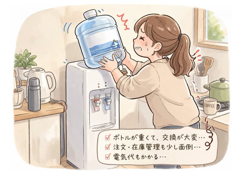 重そうなボトルを苦労して交換している様子のイラスト