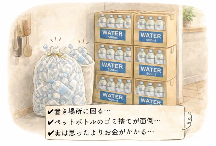 ペットボトルの置き場とゴミが溢れているイラスト