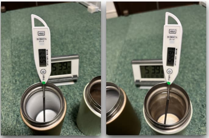 アスベルの水筒、6時間後の温度測定している写真