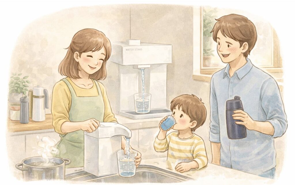 家族でウォーターサーバーを使って生活が豊かになった様子のイラスト