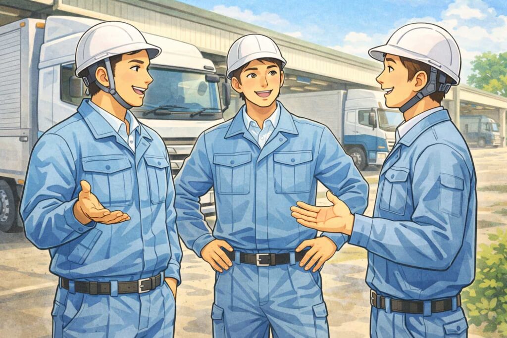 整理整頓された車庫で身だしなみの整った社員が楽しそうに話しているイラスト
