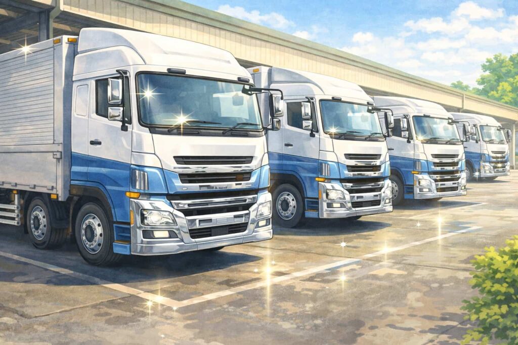 運送会社の車庫に綺麗に並んだトラックのイラスト