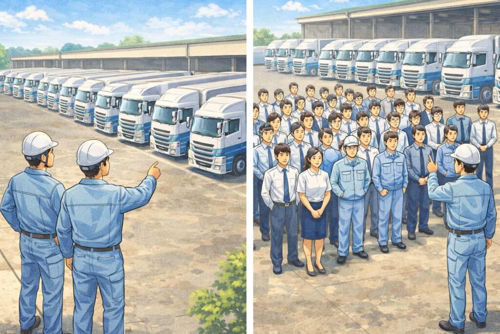 たくさんのトラックと社員がいる規模の大きな運送会社のイラスト