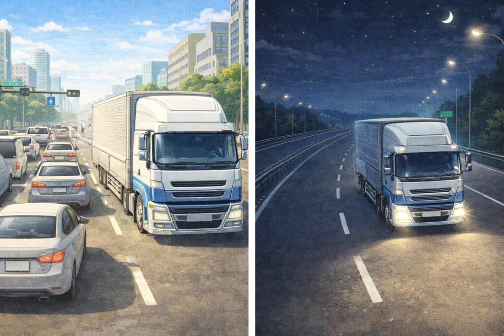 昼の渋滞した道路と夜の空いている道路を走るトラックの比較イラスト