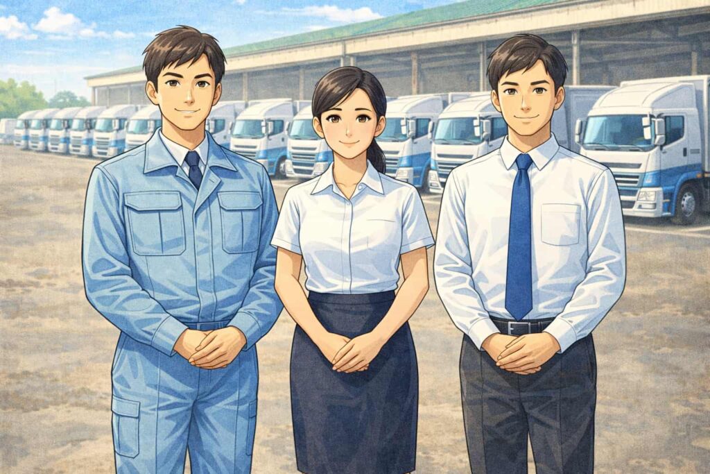 身だしなみの整った運送会社の社員3人が並んでいるイラスト