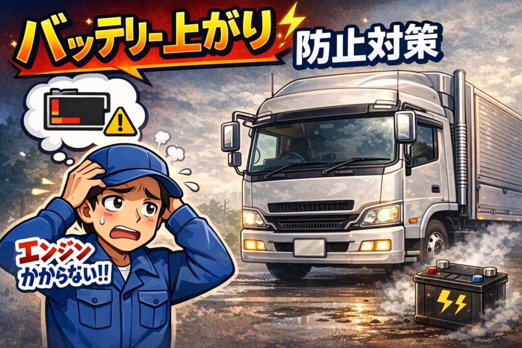 トラックのバッテリー上がりで困る運転手と大型トラックのイラスト