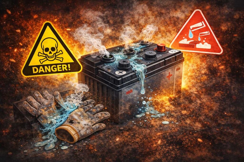 バッテリー液が漏れて手袋に付着し危険を示すイメージ