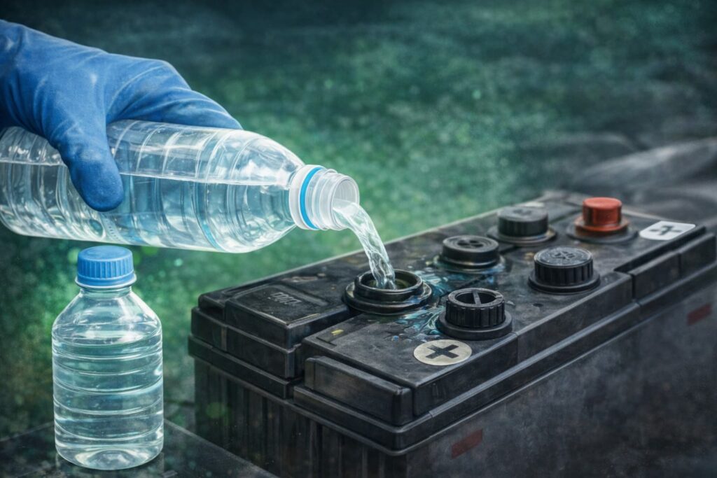 バッテリーに水を補充している作業のイメージ