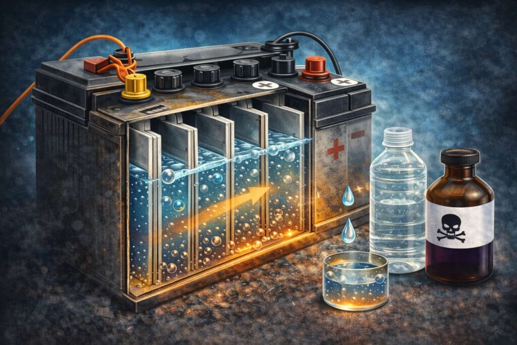 バッテリー内部の構造と液の仕組みを示したイメージ図