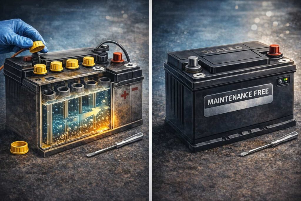 キャップ付きバッテリーとメンテナンスフリーバッテリーの違いを比較したイメージ