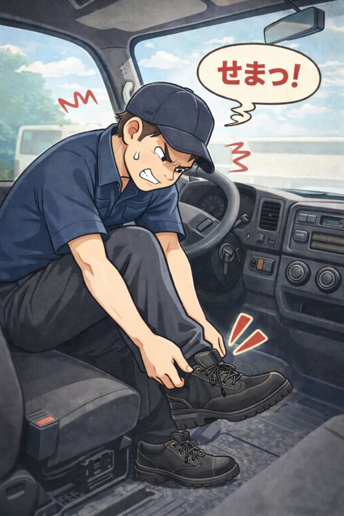 運転席で安全靴を履くのに苦労しているトラック運転手のイラスト