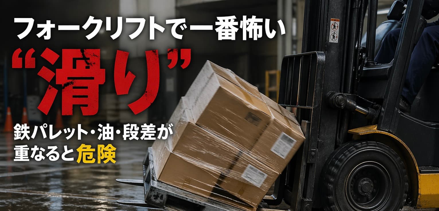 フォークリフト作業で濡れている荷物が滑って崩れている様子