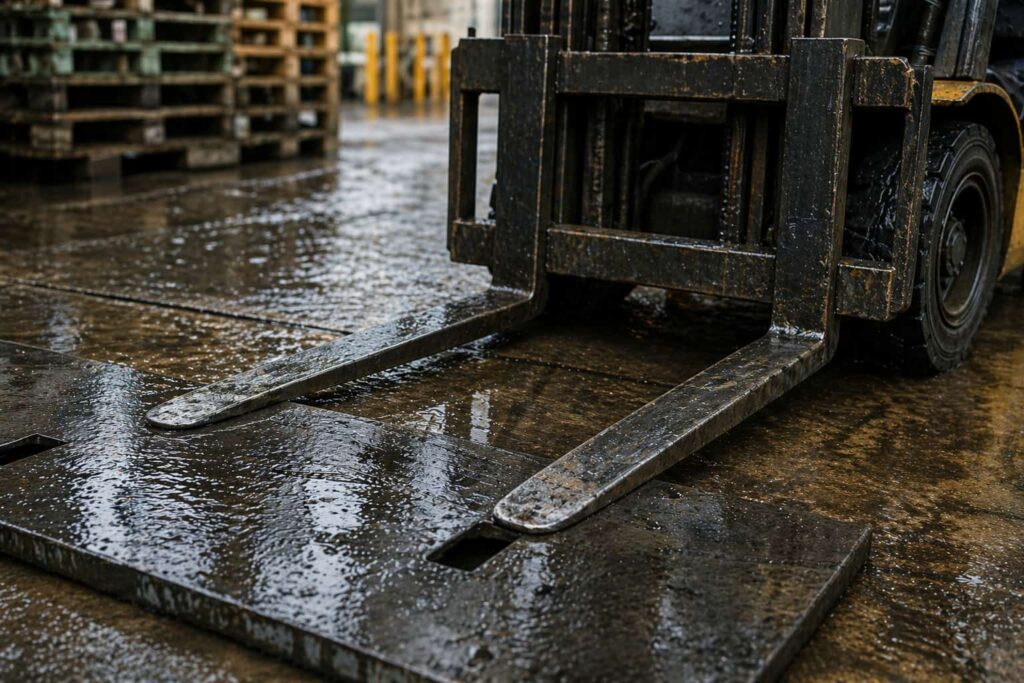 雨で濡れているフォークリフトの爪。滑りそうな雰囲気が出ている。