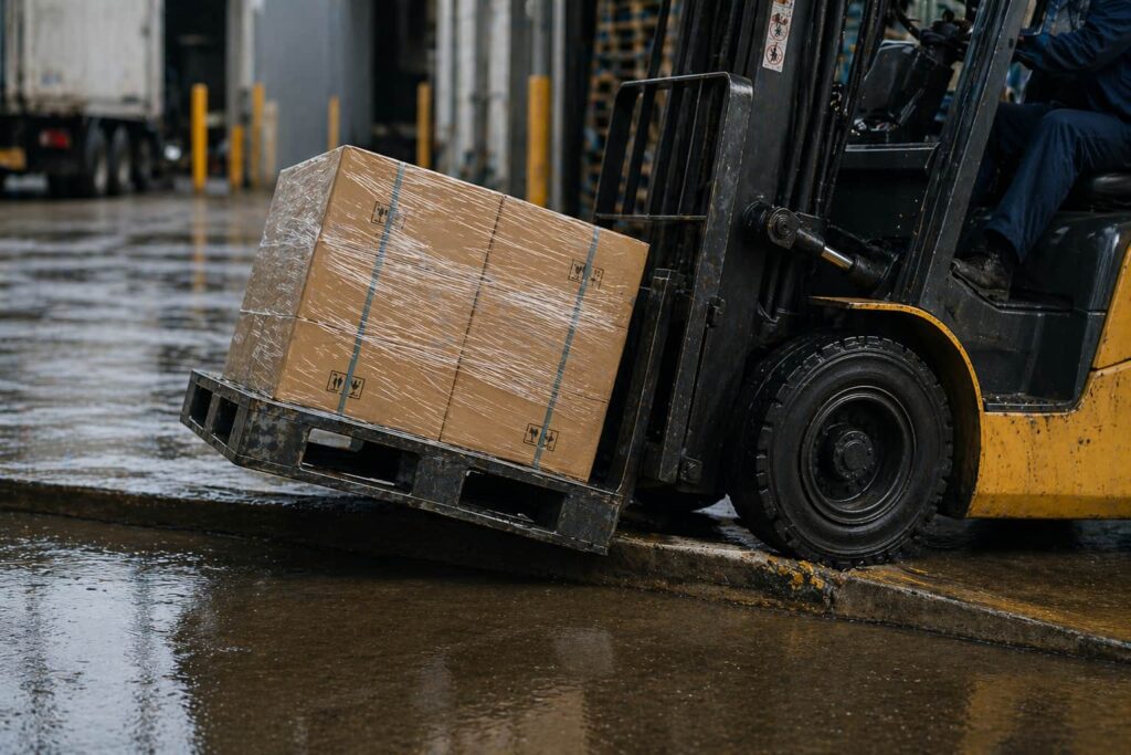 濡れている路面でフォークリフトが段差を通過する様子の画像