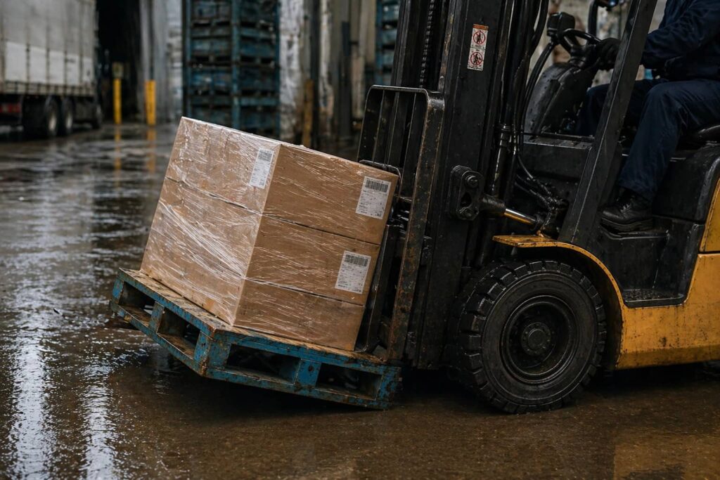 雨・鉄のパレットで滑る危険をイメージできる実写風画像
