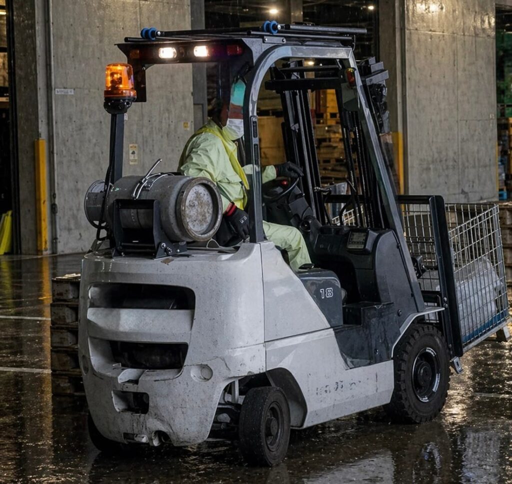 雨で濡れている現場をフォークリフトでバックしている様子