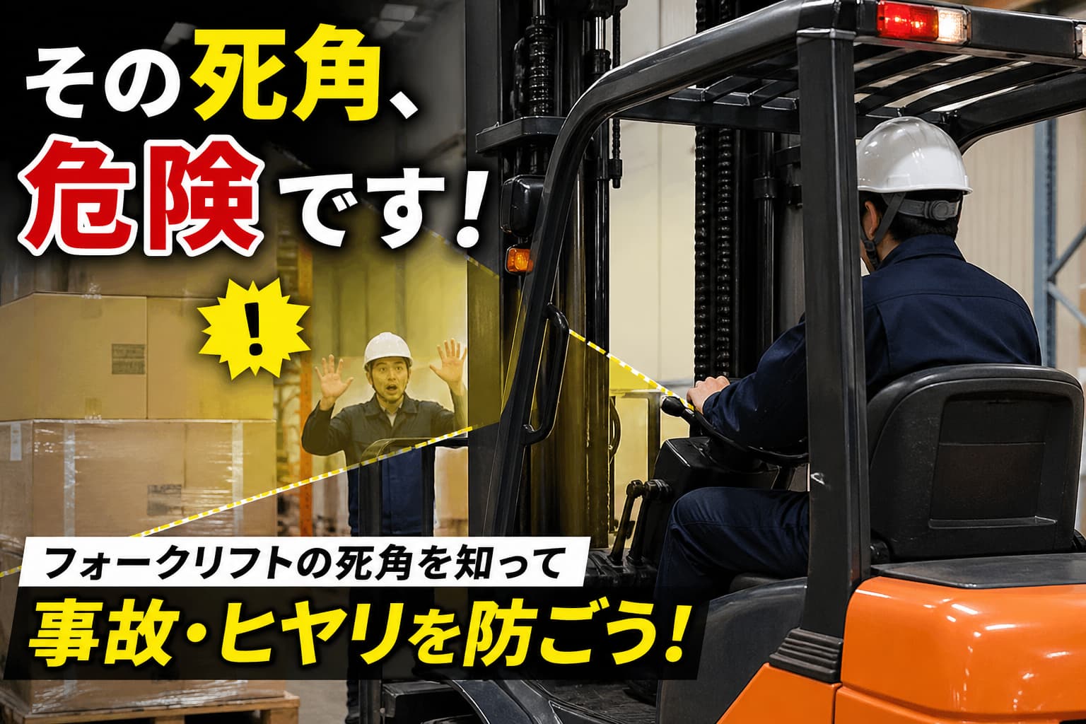 フォークリフトの死角に人が入り接触しそうになる危険な場面のイメージ