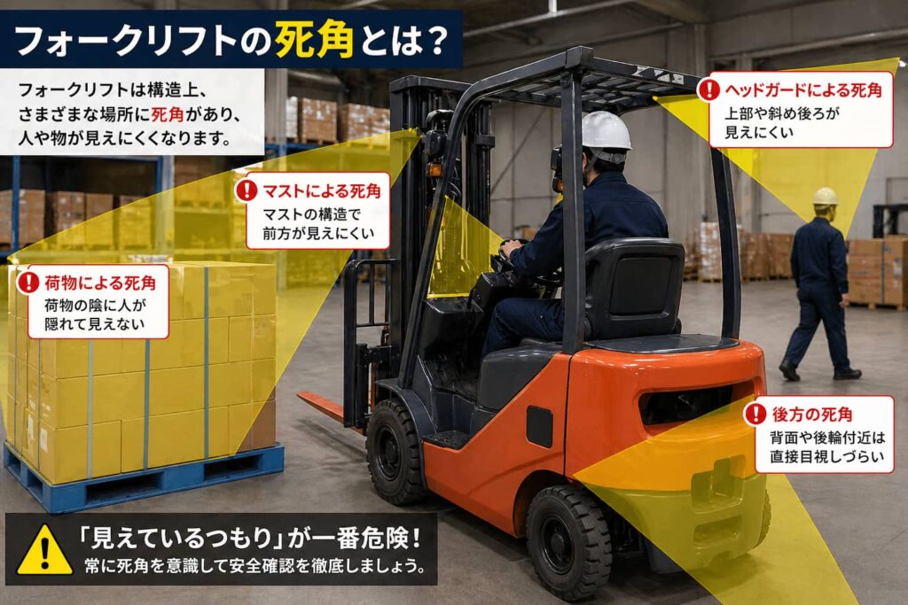 フォークリフトのマストや荷物、ヘッドガードによる死角を示した解説イメージ