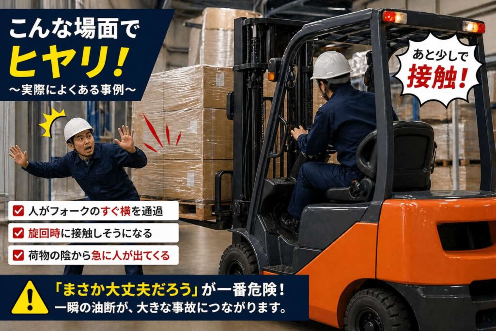 フォークリフト作業中に人が近づき接触しそうになるヒヤリ事例のイメージ