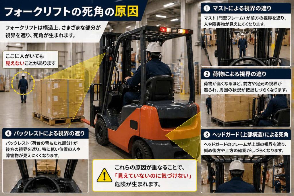 フォークリフトの死角が生まれる原因をマストや荷物などで解説したイメージ