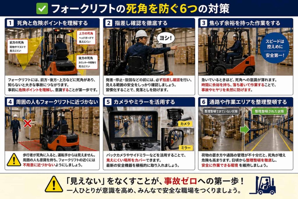フォークリフトの死角対策として確認や安全行動をまとめた解説イメージ