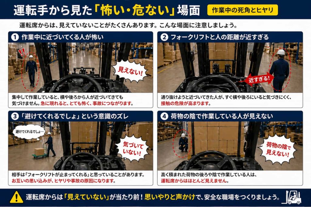 フォークリフト運転手から見た人との距離や死角の危険を示したイメージ
