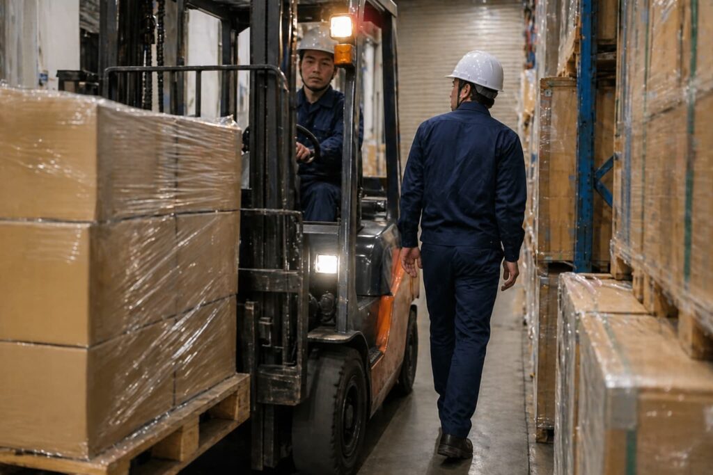 狭い通路でフォークリフトが作業員のすぐ横を通過する危険な状況