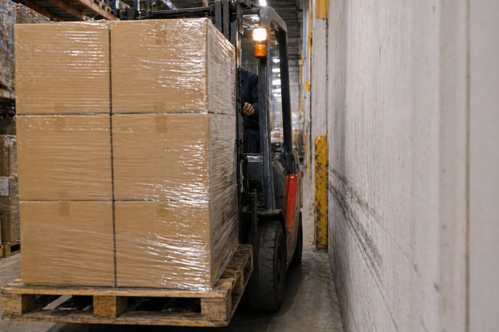 倉庫内でフォークリフトと作業員や荷物が密集し接触リスクが高い状況