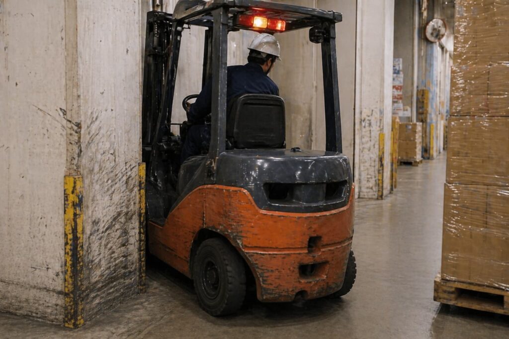 フォークリフトが狭い通路で旋回しカウンターが柱に接触しそうな場面