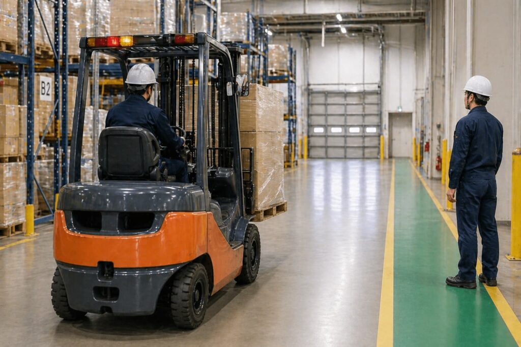 フォークリフトと作業員が距離を保ち安全に作業している倉庫内の様子
