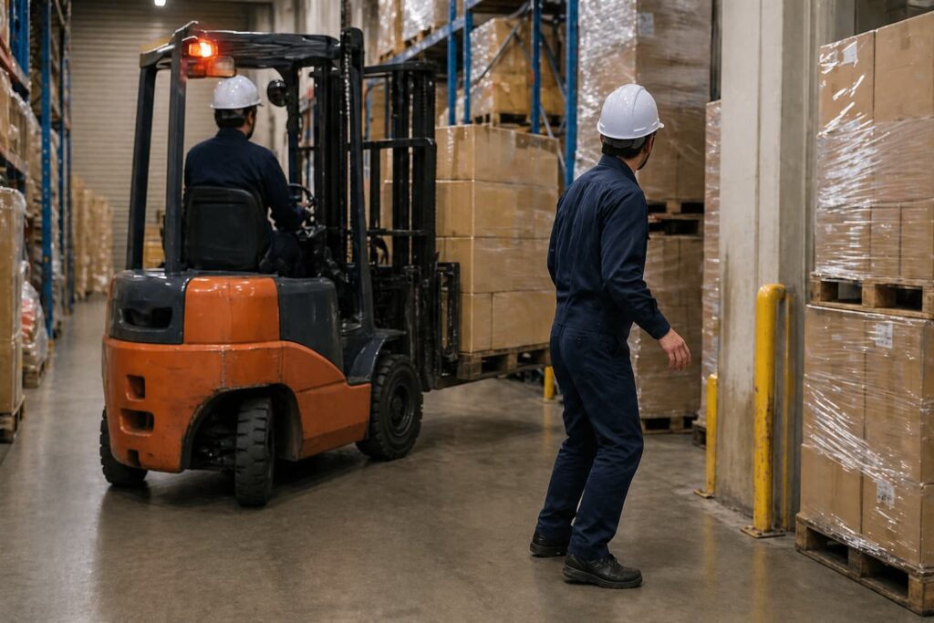 倉庫内でフォークリフトと作業員や荷物が密集し接触リスクが高い状況